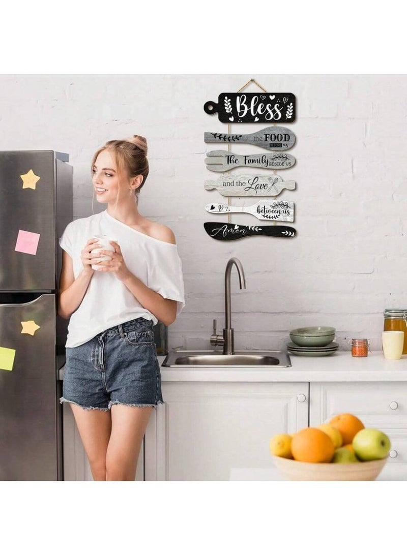 Bless the Food Before Us Wall Hanging – Rustic Kitchen Wall Decor Sign – Wooden Spoon & Fork Quote Art – Farmhouse Dining Room Hanging Plaque - Image 4